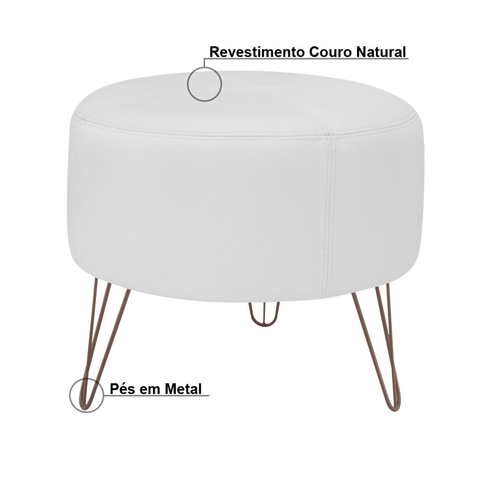 Kit 02 Puffs Decorativos Redondo Pés Metal Couro Branco Fosco - Gran Belo