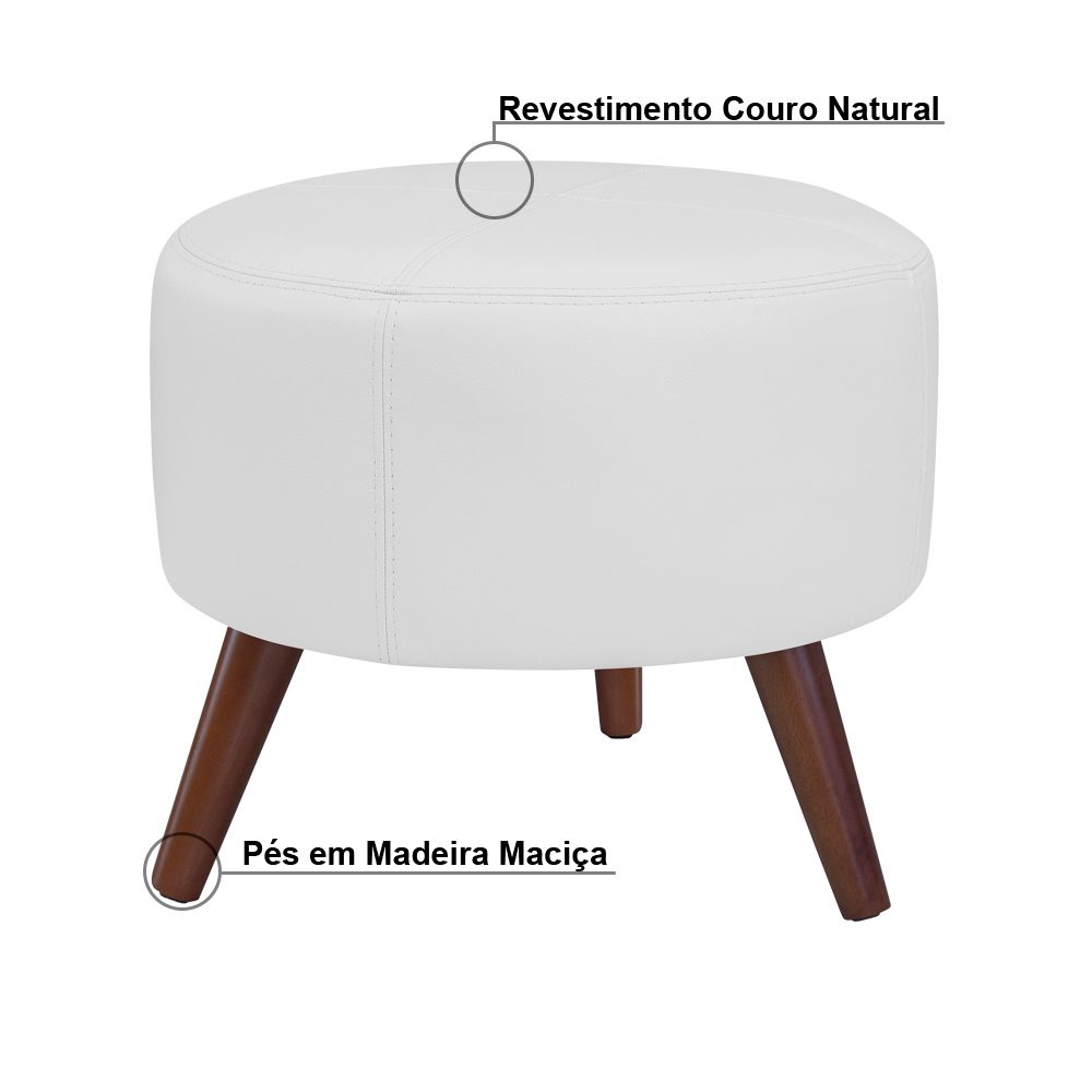 Kit 02 Puffs Decorativos Redondo Pés Palito Couro Branco Fosco - Gran Belo