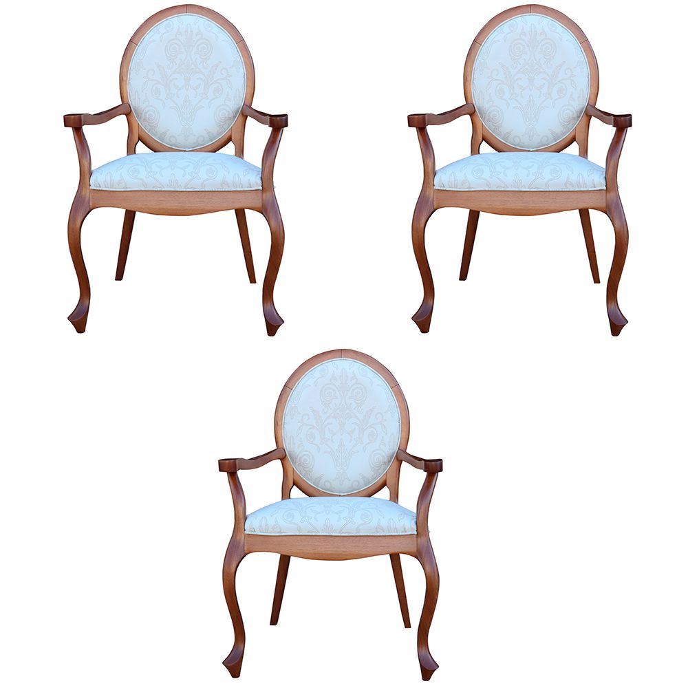 Kit 03 Poltronas Decorativas Sala de Estar Base Madeira Maciça Adrie Sarja Bege/Amêndoa Mel G36 - Gran Belo