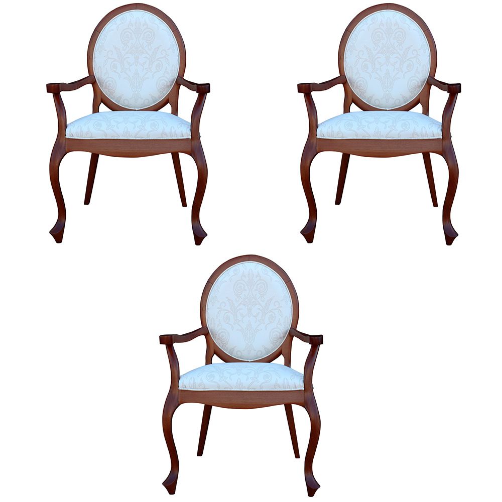 Kit 03 Poltronas Decorativas Sala de Estar Base Madeira Maciça Adrie Sarja Bege/Imbuia G36 - Gran Belo