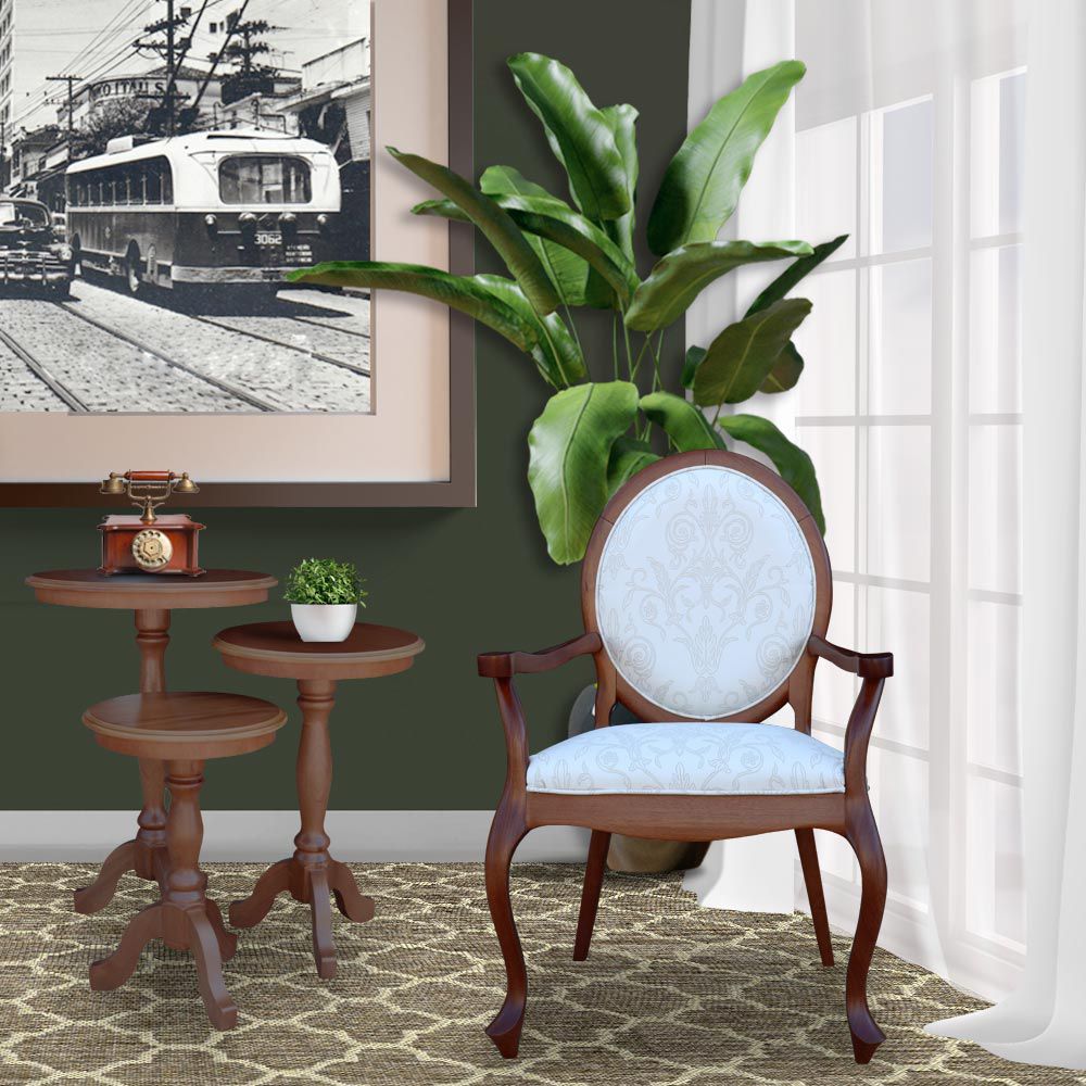 Kit 03 Poltronas Decorativas Sala de Estar Base Madeira Maciça Adrie Sarja Bege/Imbuia G36 - Gran Belo