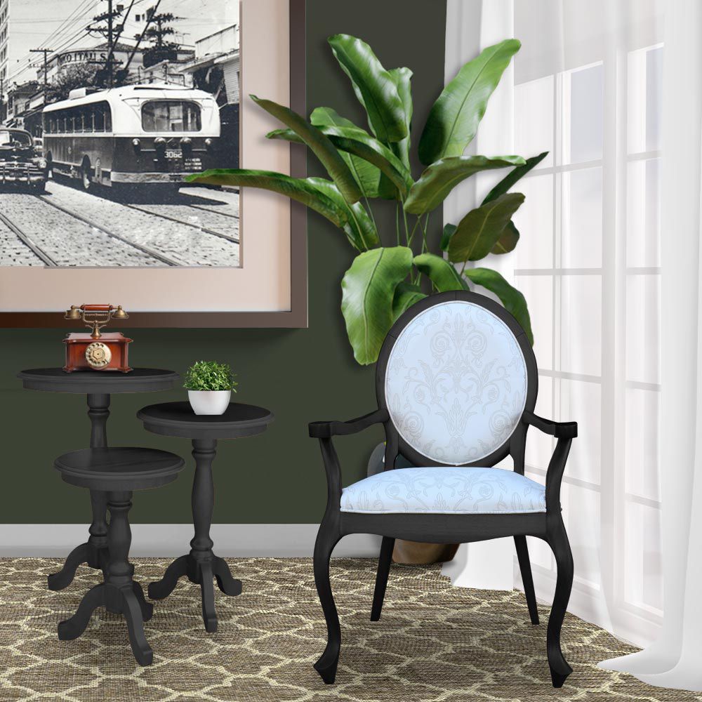 Kit 03 Poltronas Decorativas Sala de Estar Base Madeira Maciça Adrie Sarja Bege/Preto Fosco G36 - Gran Belo