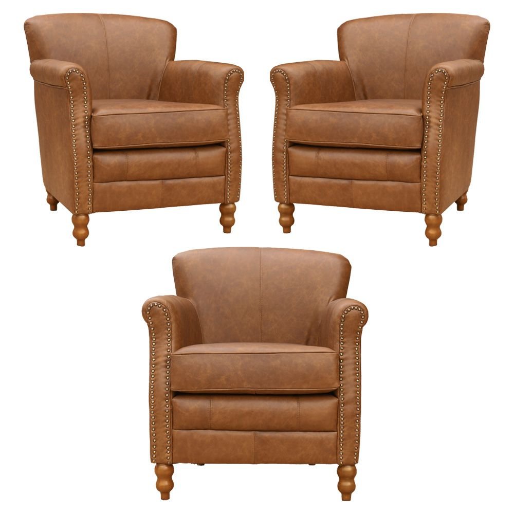 Kit 03 Poltronas Decorativas Sala de Estar Brunei Pés Madeira Couro Mel - Gran Belo