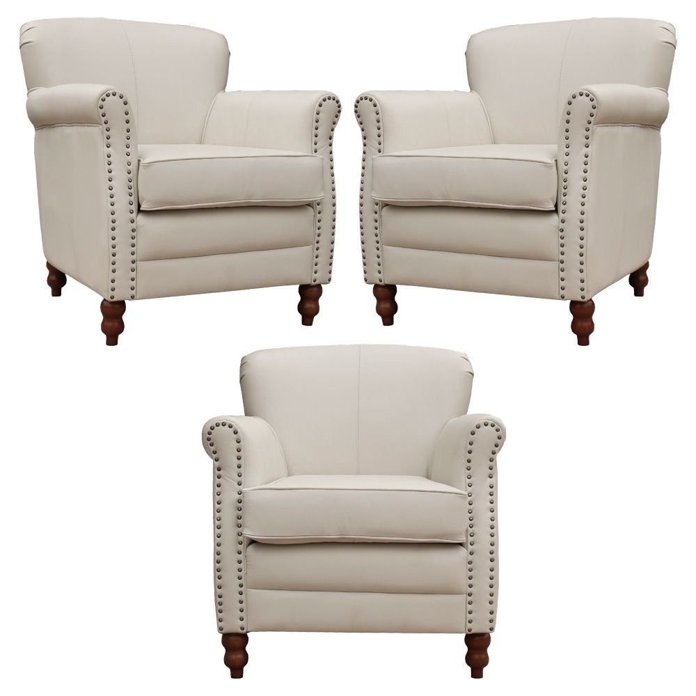 Kit 03 Poltronas Decorativas Sala de Estar Brunei Pés Madeira Couro Off White G58 - Gran Belo