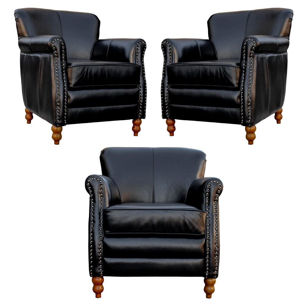 Kit 03 Poltronas Decorativas Sala de Estar Brunei Pés Madeira Preto Couro G58 - Gran Belo
