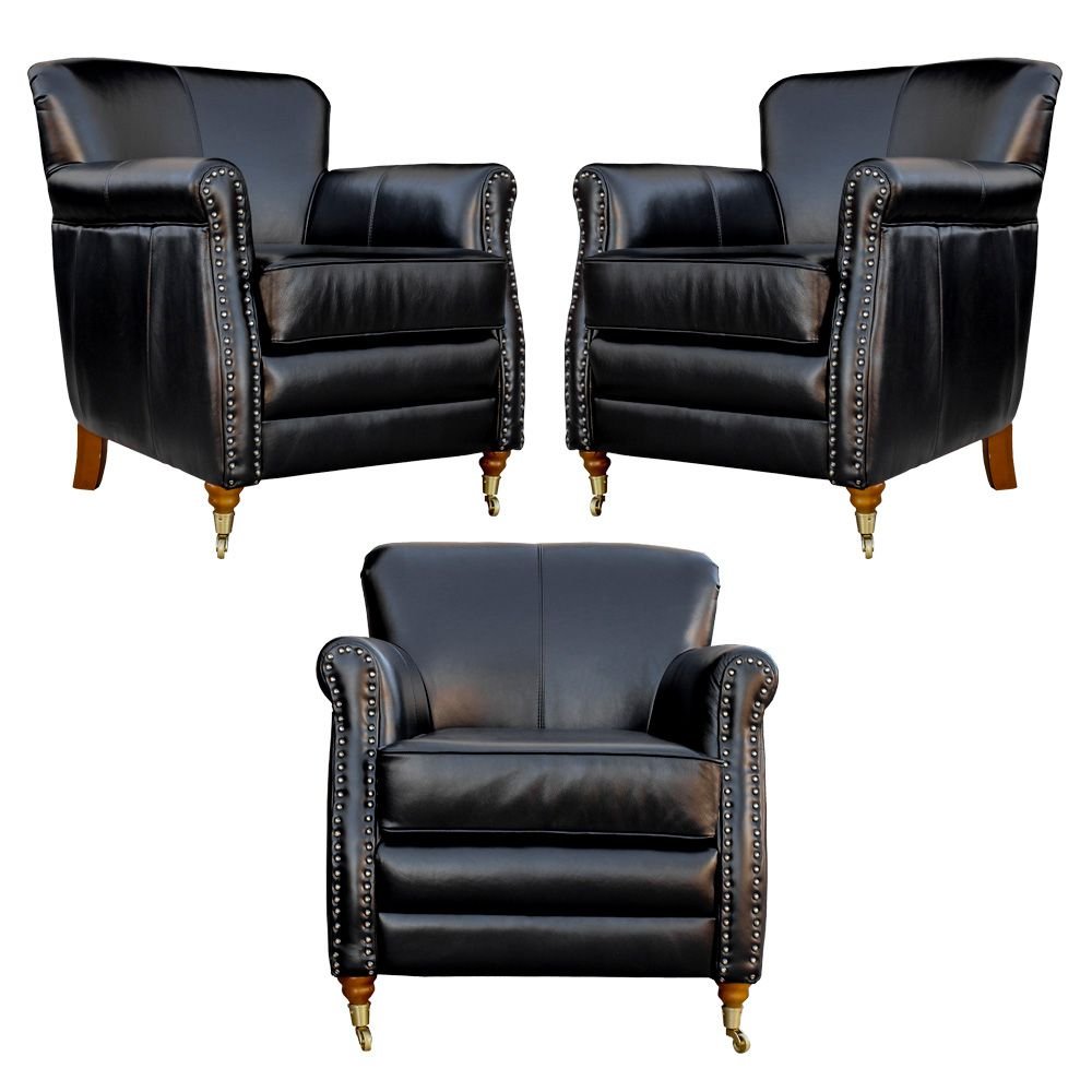 Kit 03 Poltronas Decorativas Sala de Estar Brunei Pés Príncipe Couro Preto G58 - Gran Belo