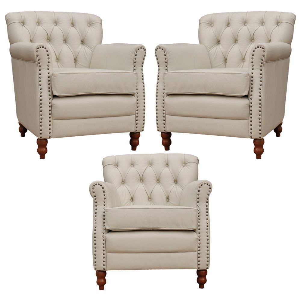 Kit 03 Poltronas Decorativas Sala de Estar Níger Pés Madeira Couro Off White G58 - Gran Belo