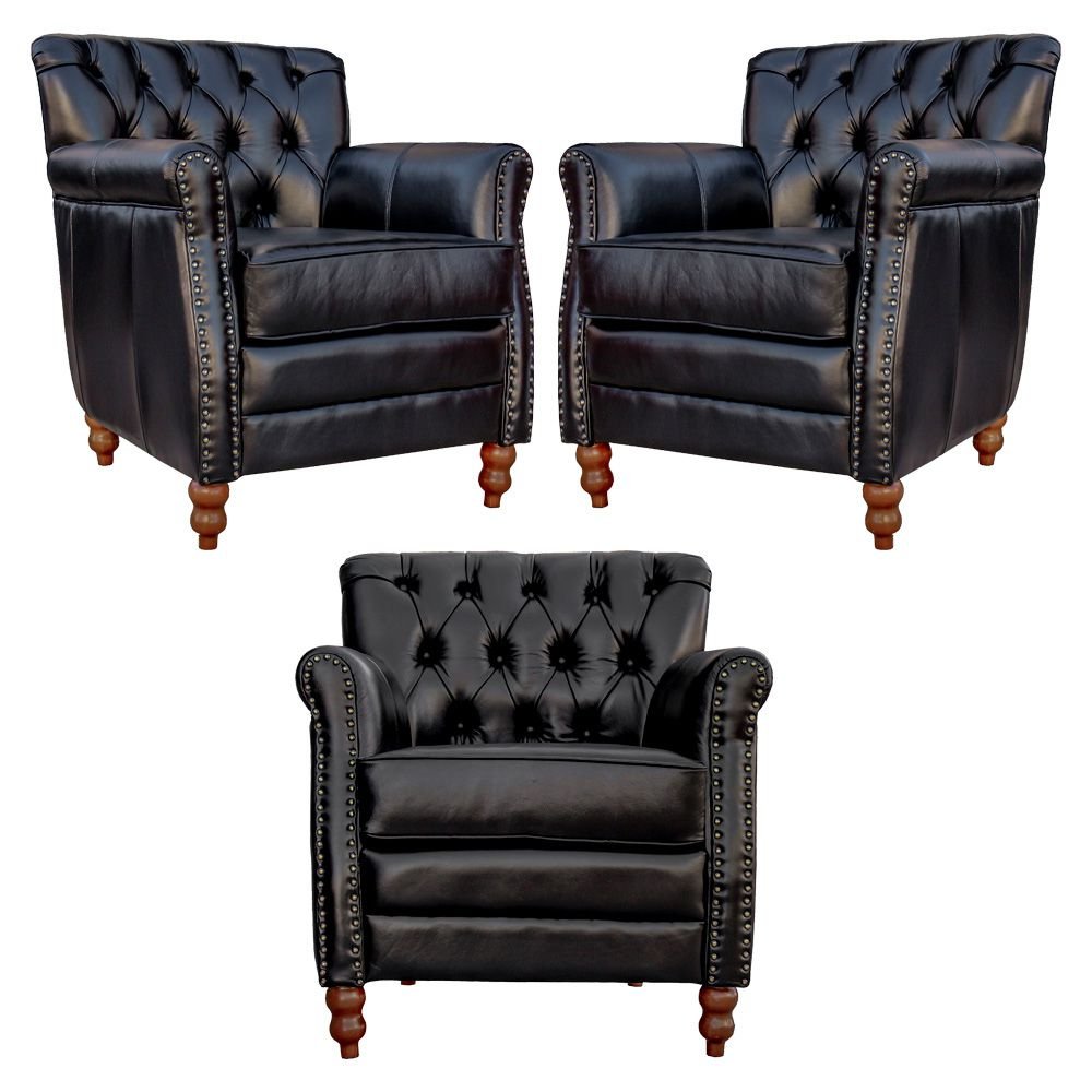 Kit 03 Poltronas Decorativas Sala de Estar Níger Pés Madeira Couro Preto G58 - Gran Belo