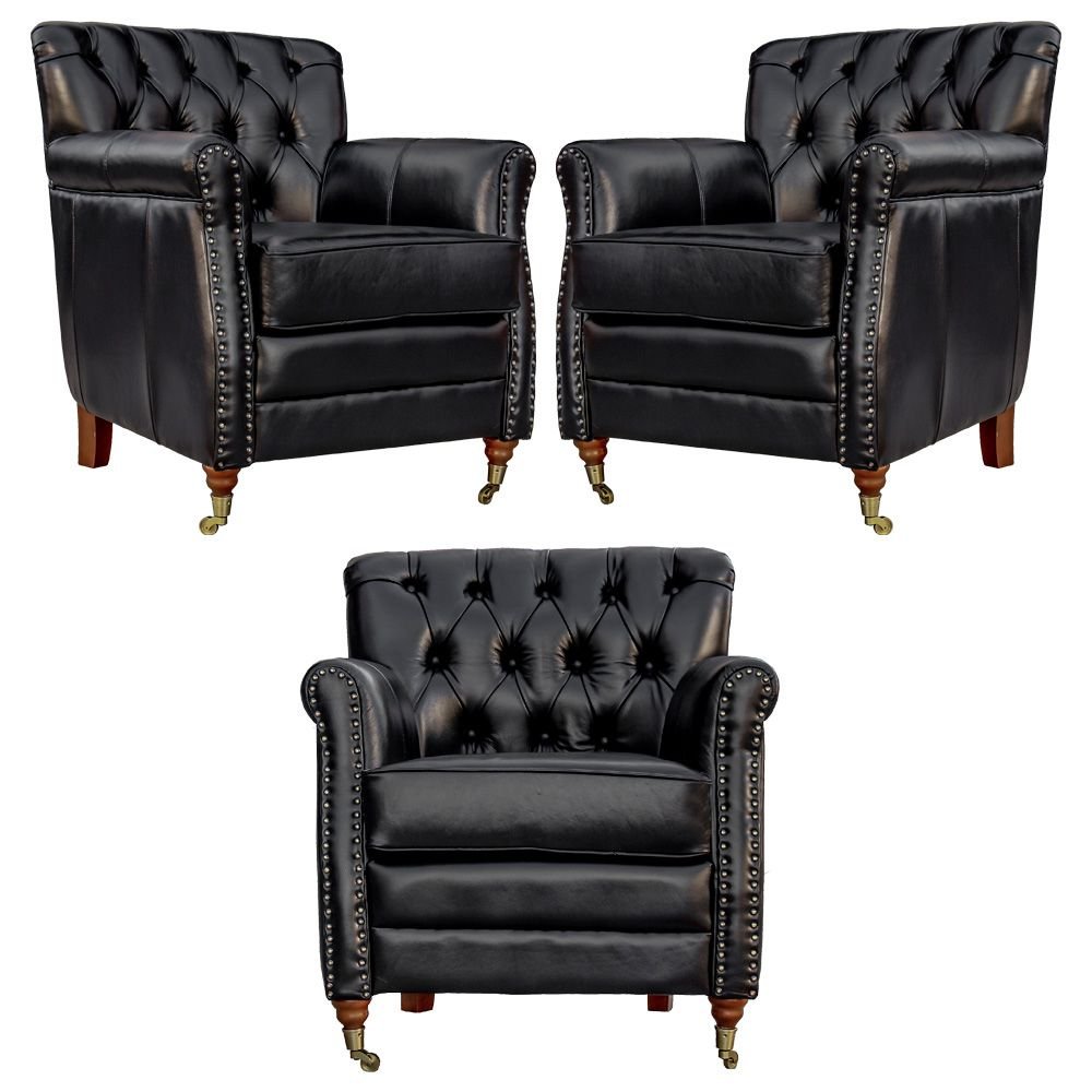 Kit 03 Poltronas Decorativas Sala de Estar Níger Pés Príncipe Couro Preto G58 - Gran Belo
