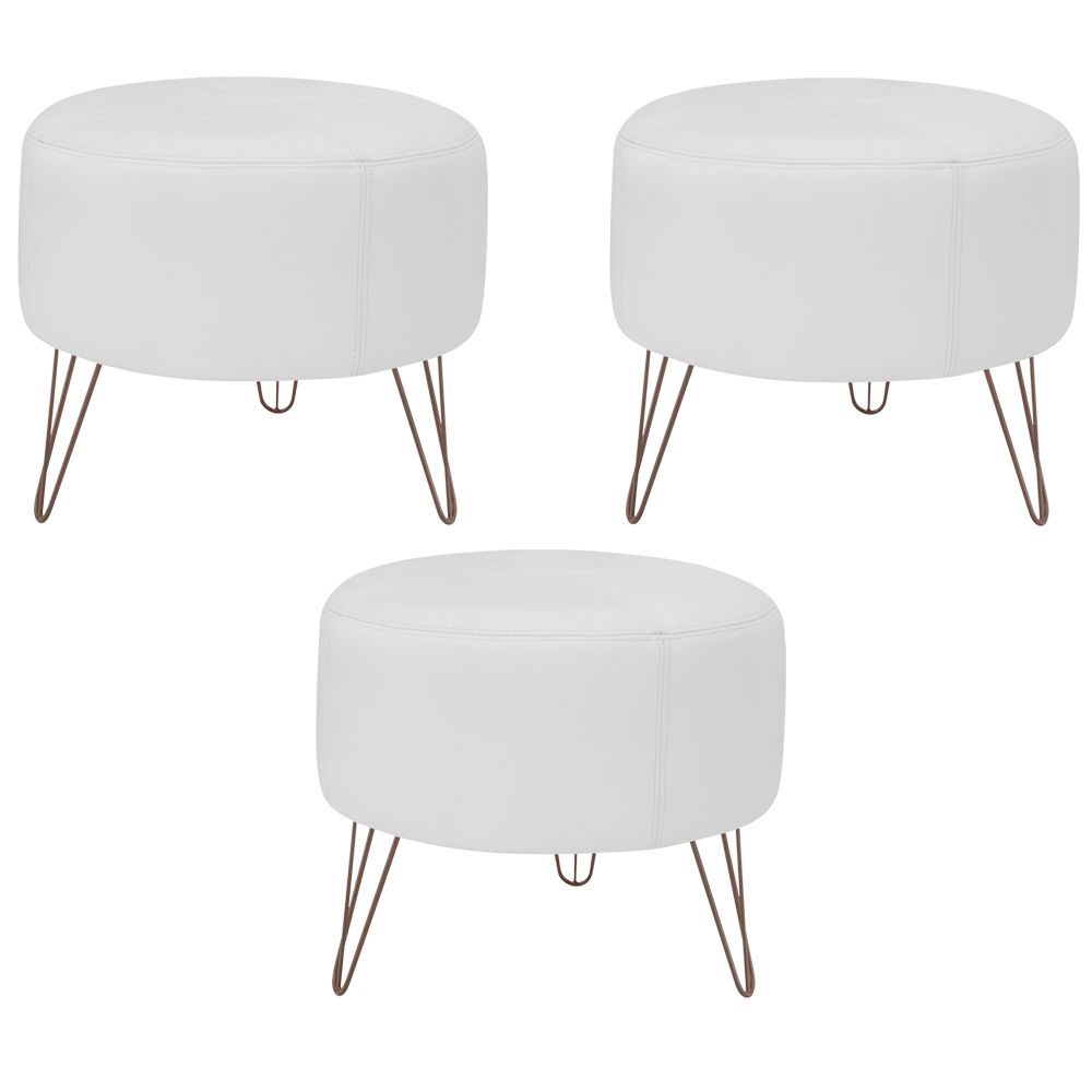 Kit 03 Puffs Decorativos Redondo Pés Metal Couro Branco Fosco - Gran Belo