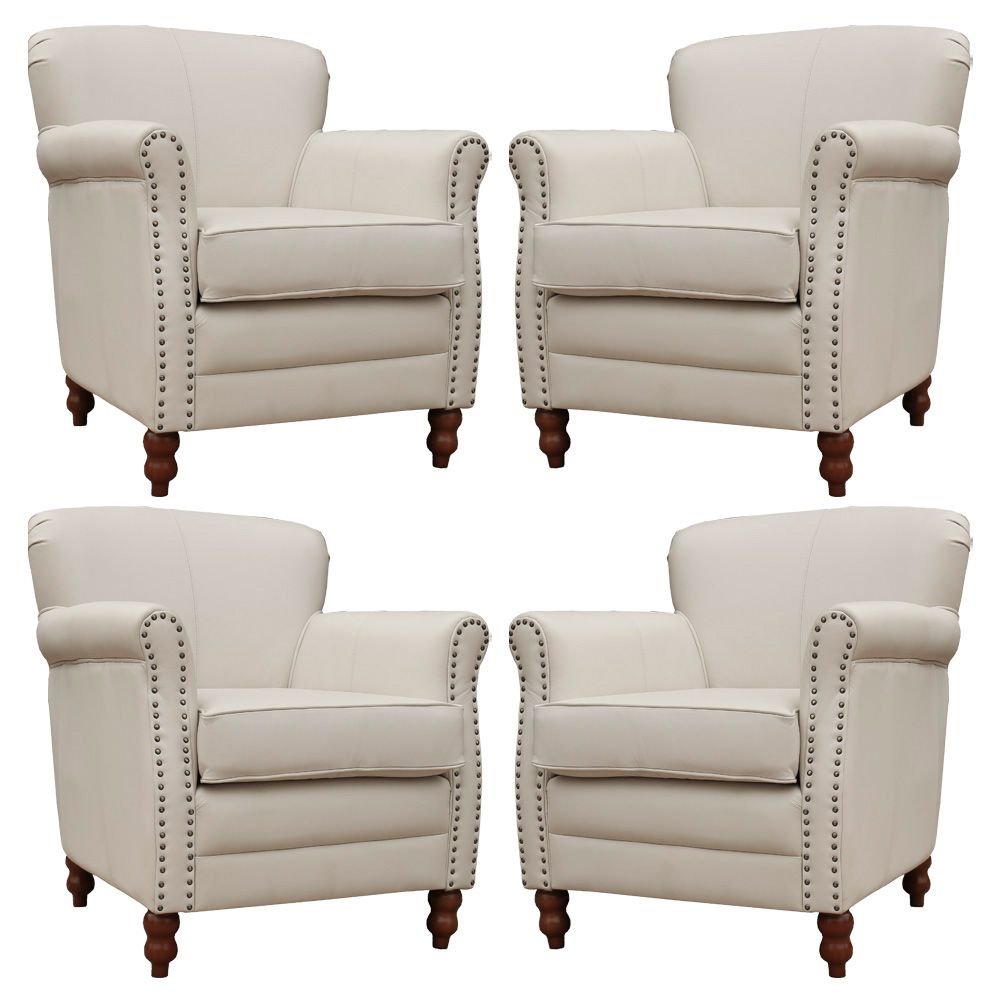 Kit 04 Poltronas Decorativas Sala de Estar Brunei Pés Madeira Couro Off White G58 - Gran Belo