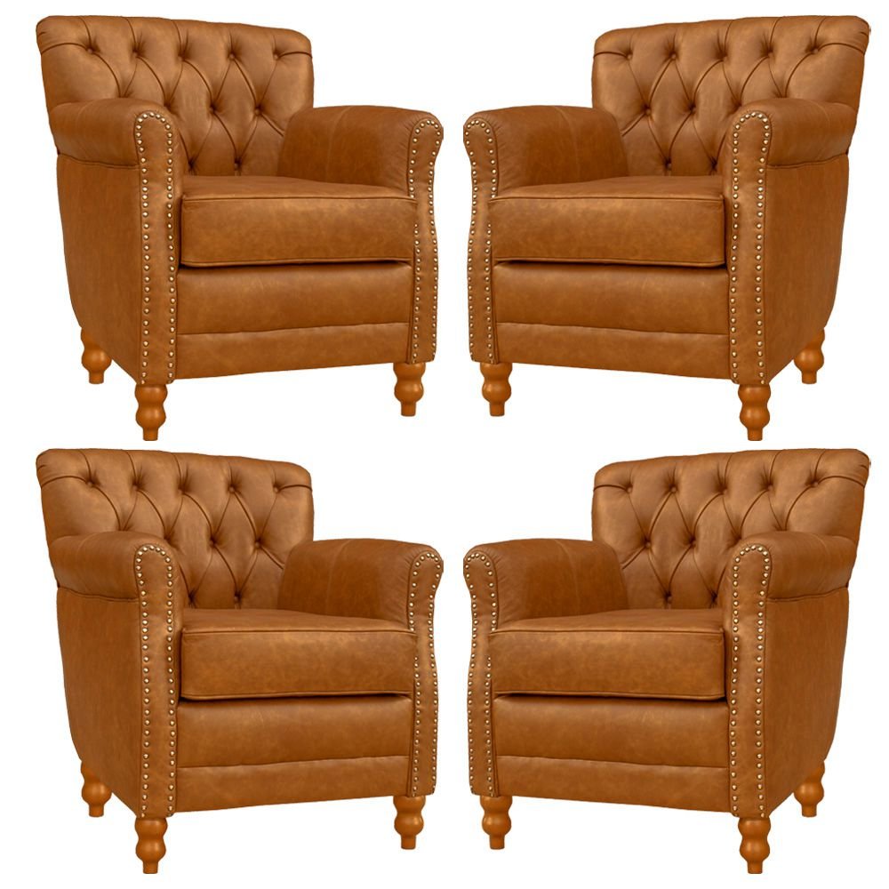 Kit 04 Poltronas Decorativas Sala de Estar Níger Pés Madeira Couro Mel G58 - Gran Belo
