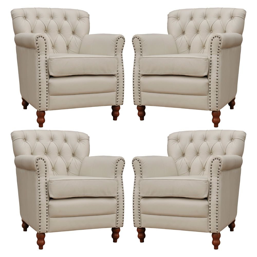Kit 04 Poltronas Decorativas Sala de Estar Níger Pés Madeira Couro Off White G58 - Gran Belo