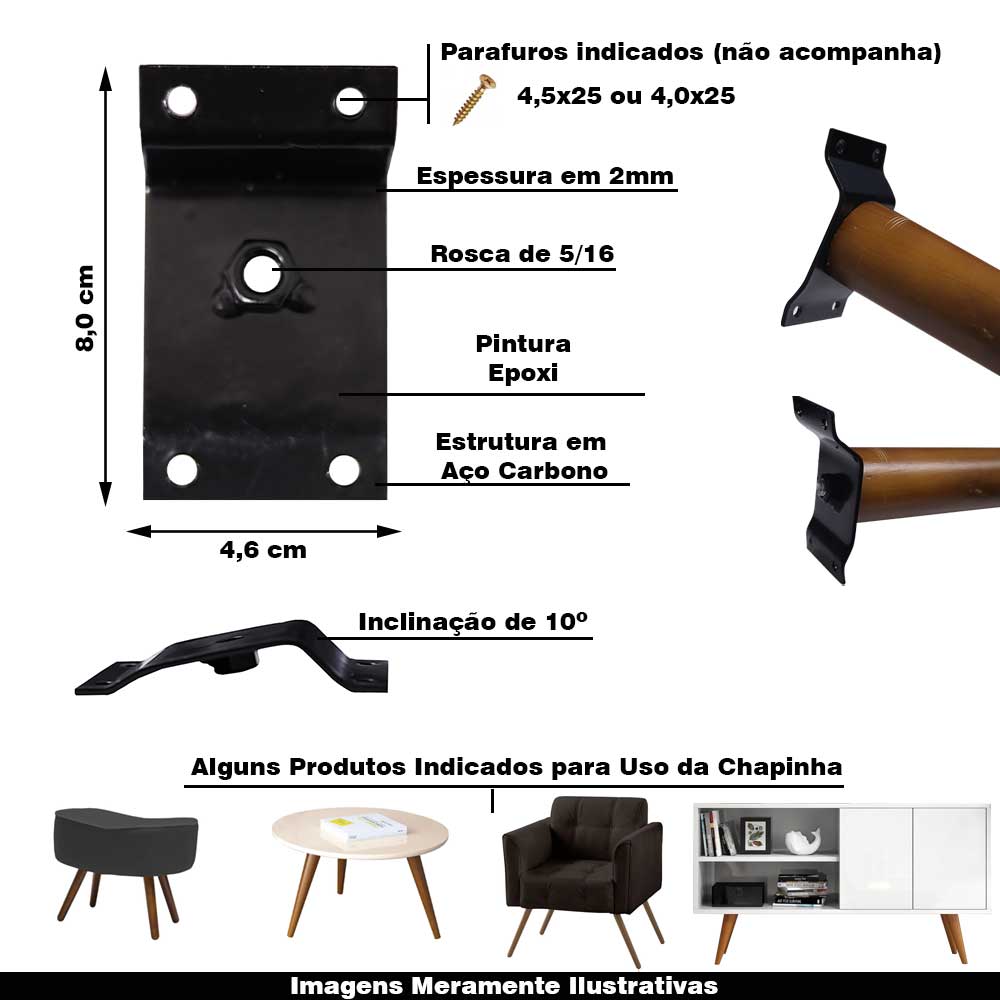 Kit 12 Chapinhas Chapa Inclinada 10º Fixação Pés Palito Rosca 5/16 Preto G59
