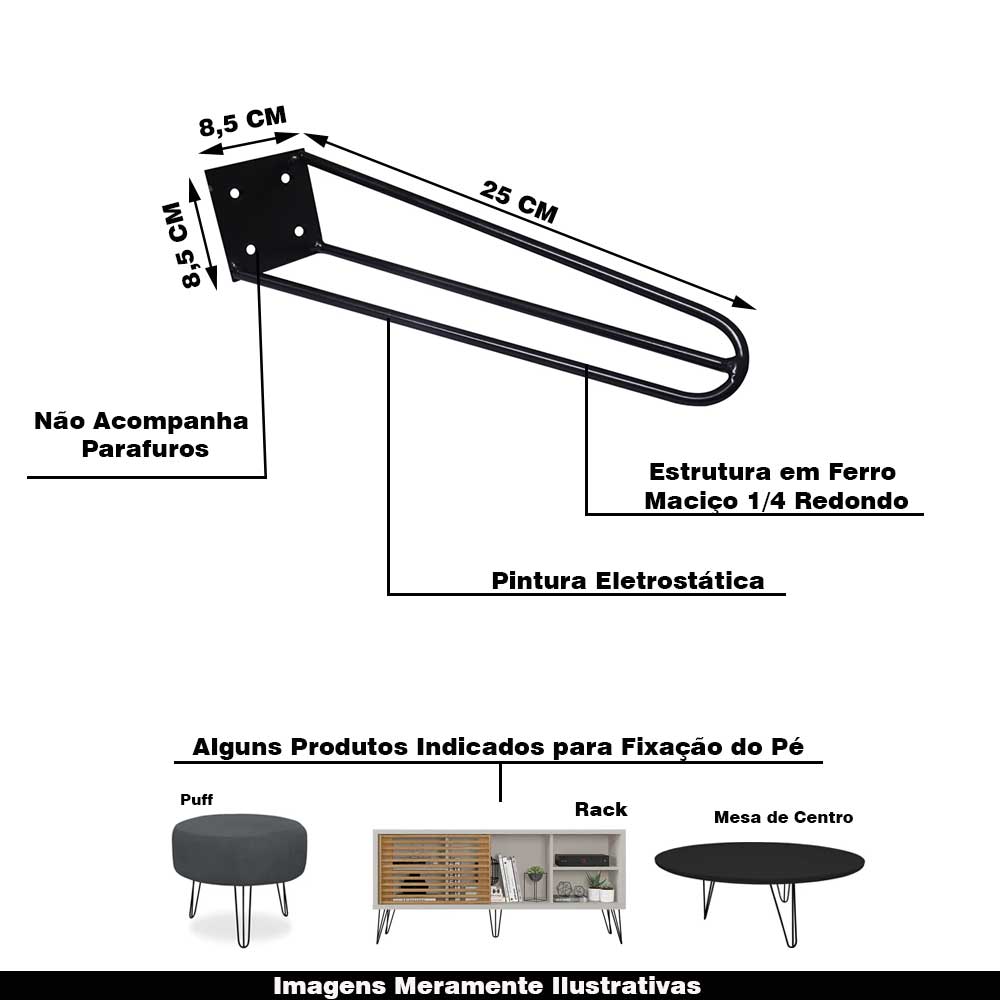 Kit 12 Pés de Metal 25 CM Hairpin Legs Mesas de Centro Puffs Preto G41