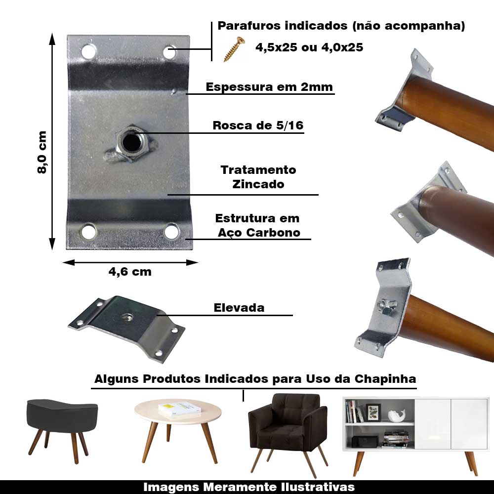 Kit 14 Chapinhas Chapa Elevada Fixação Pés Palito Rosca 5/16 Zincado G59