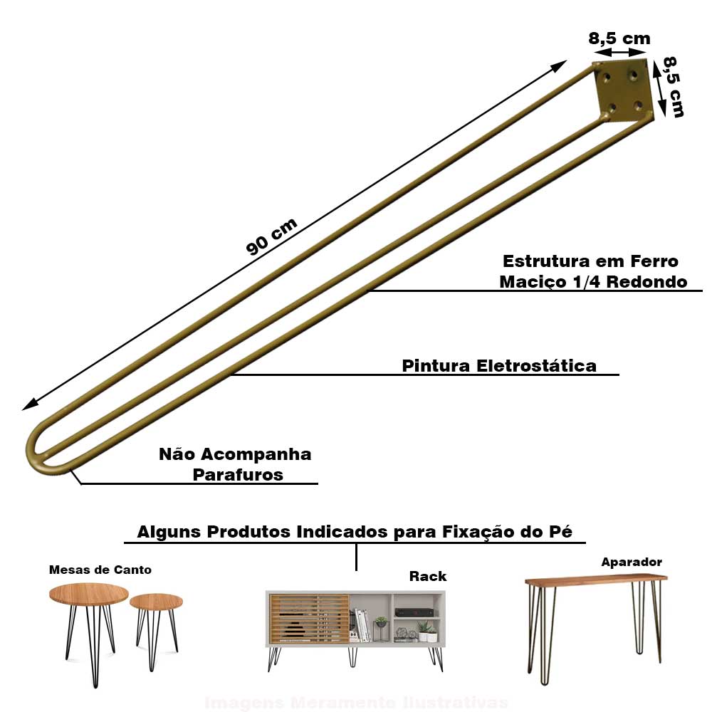 Kit 16 Pés de Metal 90 CM Hairpin Legs Aparador e Mesa de Canto Dourado G41