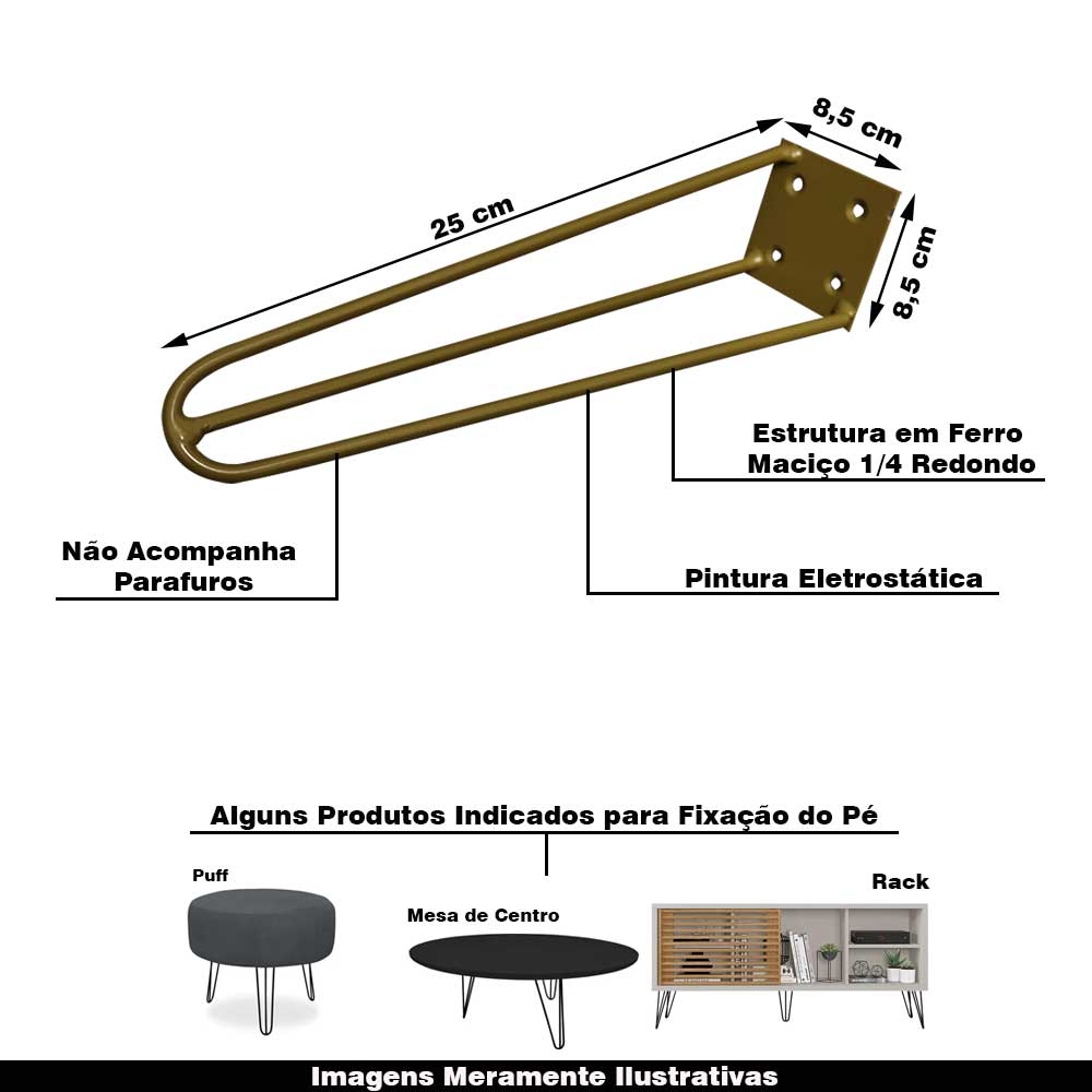 Kit 18 Pés de Metal 25 CM Hairpin Legs Rack e Puffs Dourado G41