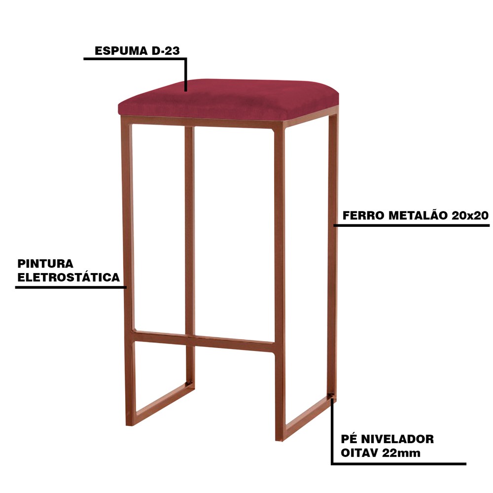Kit 2 Banqueta Decorativa Billie Base Bronze Suede Bordô G41 - Gran Belo