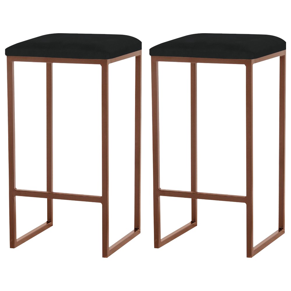 Kit 2 Banqueta Decorativa Billie Base Bronze Suede Preto G41 - Gran Belo