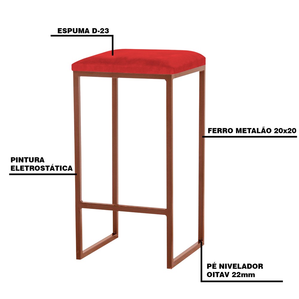 Kit 2 Banqueta Decorativa Billie Base Bronze Suede Vermelho G41 - Gran Belo