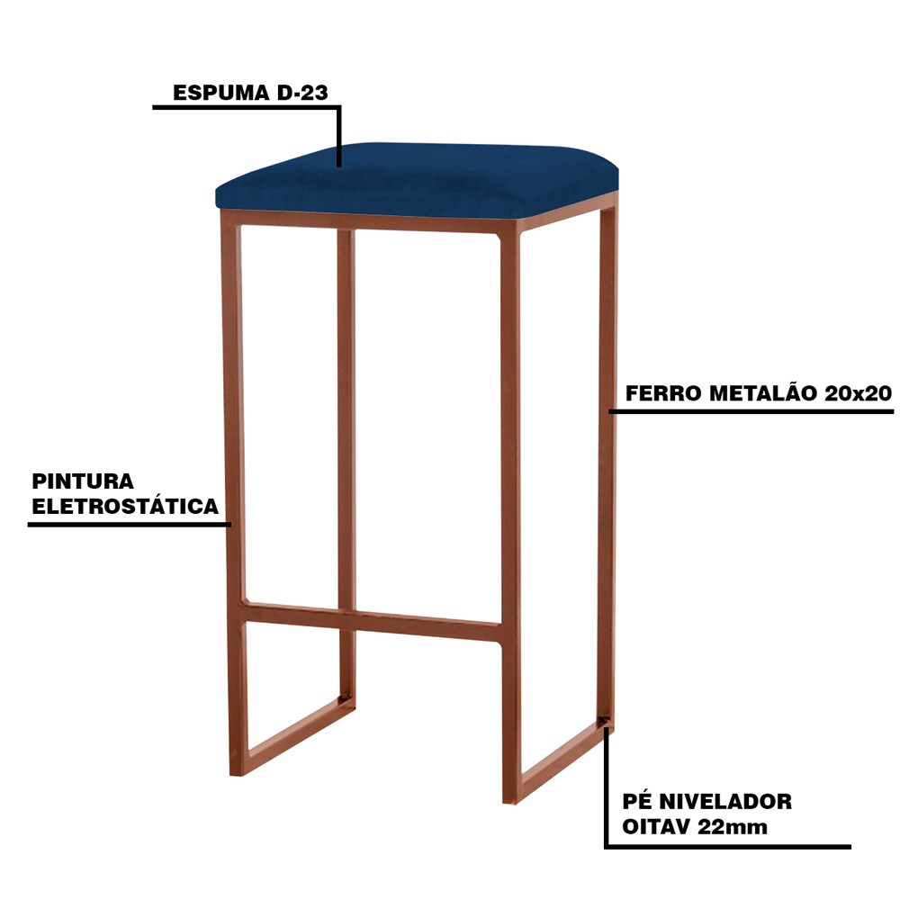 Kit 2 Banqueta Decorativa Billie Base Bronze Veludo Azul G41 - Gran Belo