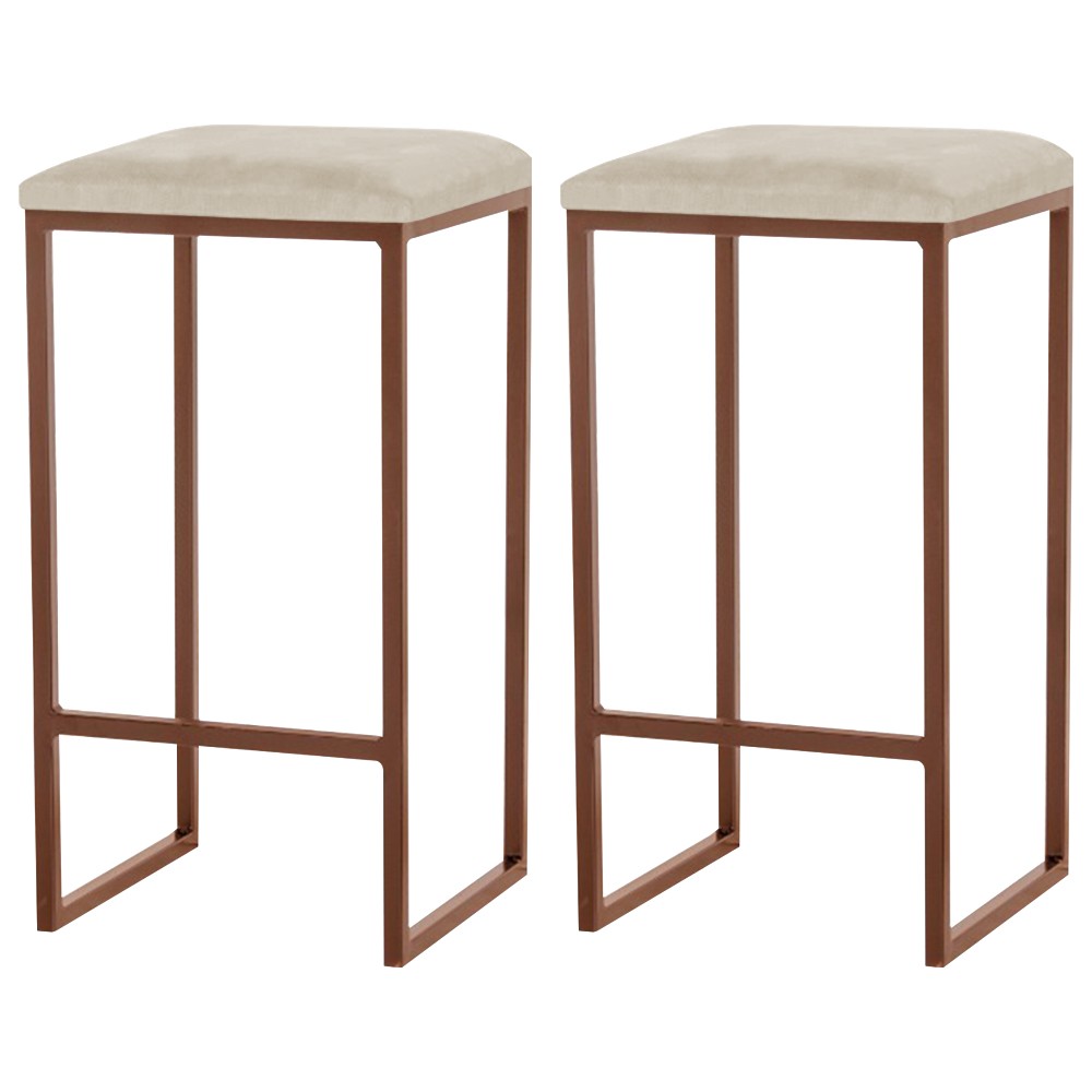 Kit 2 Banqueta Decorativa Billie Base Bronze Veludo Bege G41 - Gran Belo