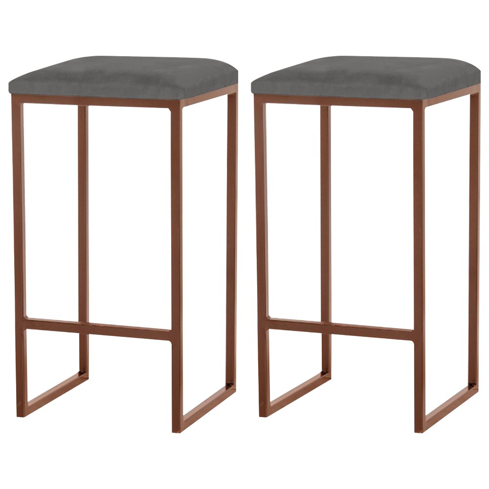 Kit 2 Banqueta Decorativa Billie Base Bronze Veludo Cinza G41 - Gran Belo