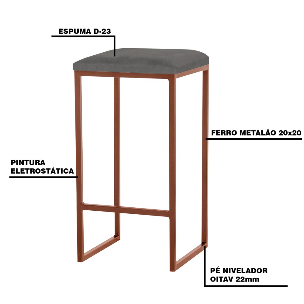 Kit 2 Banqueta Decorativa Billie Base Bronze Veludo Cinza G41 - Gran Belo