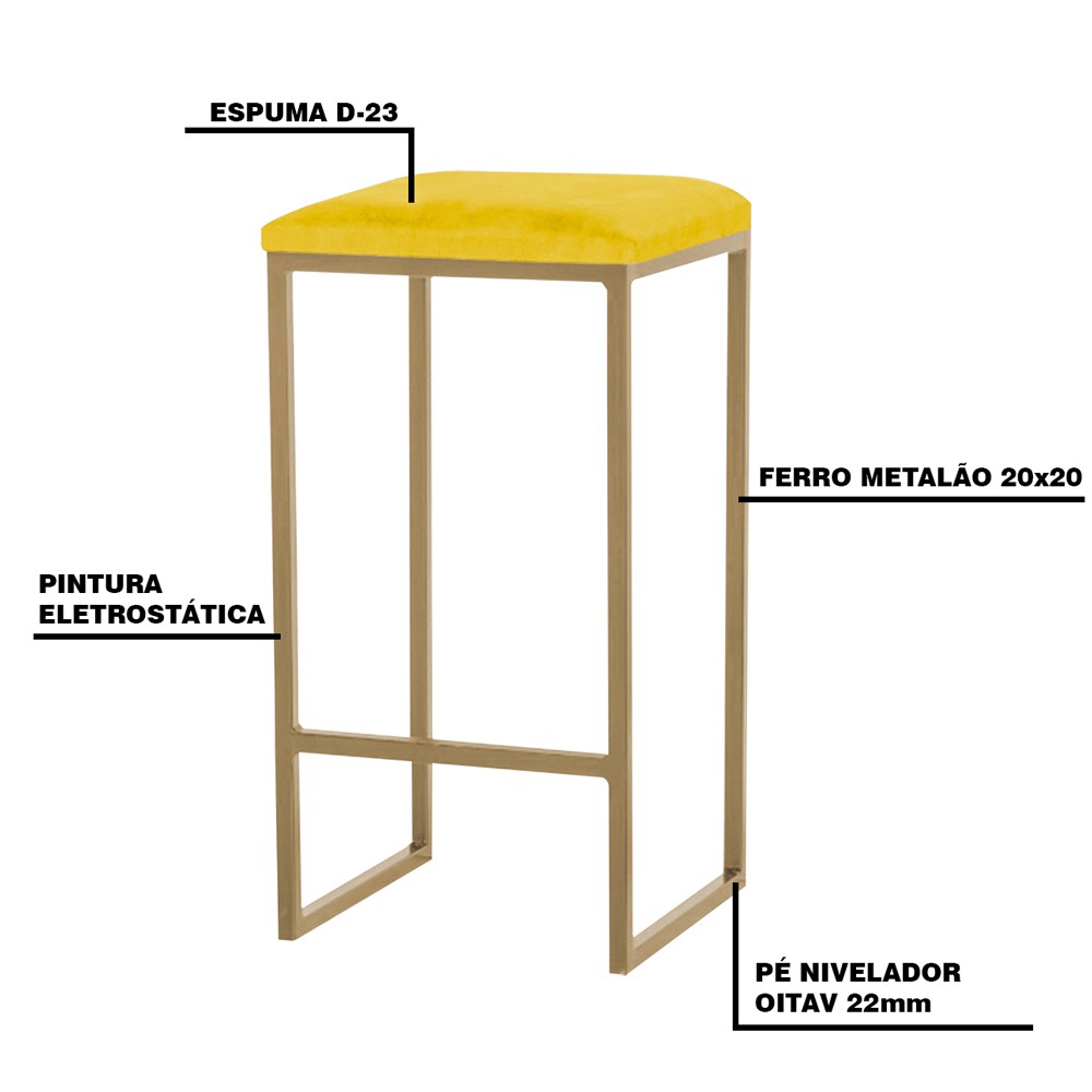 Kit 2 Banqueta Decorativa Billie Base Gold Suede Amarelo G41 - Gran Belo