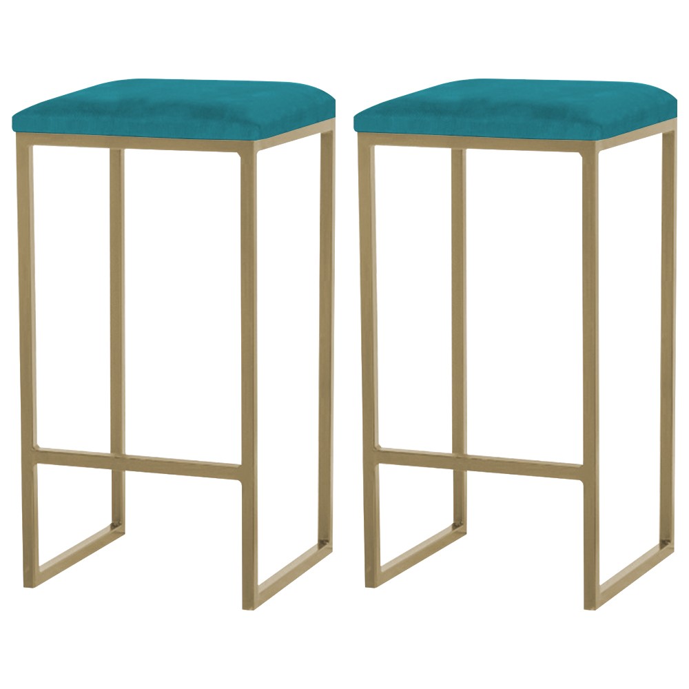 Kit 2 Banqueta Decorativa Billie Base Gold Suede Azul Claro G41 - Gran Belo
