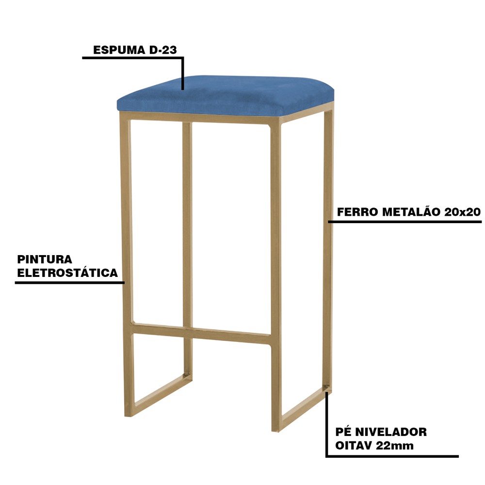 Kit 2 Banqueta Decorativa Billie Base Gold Suede Azul Marinho - Gran Belo
