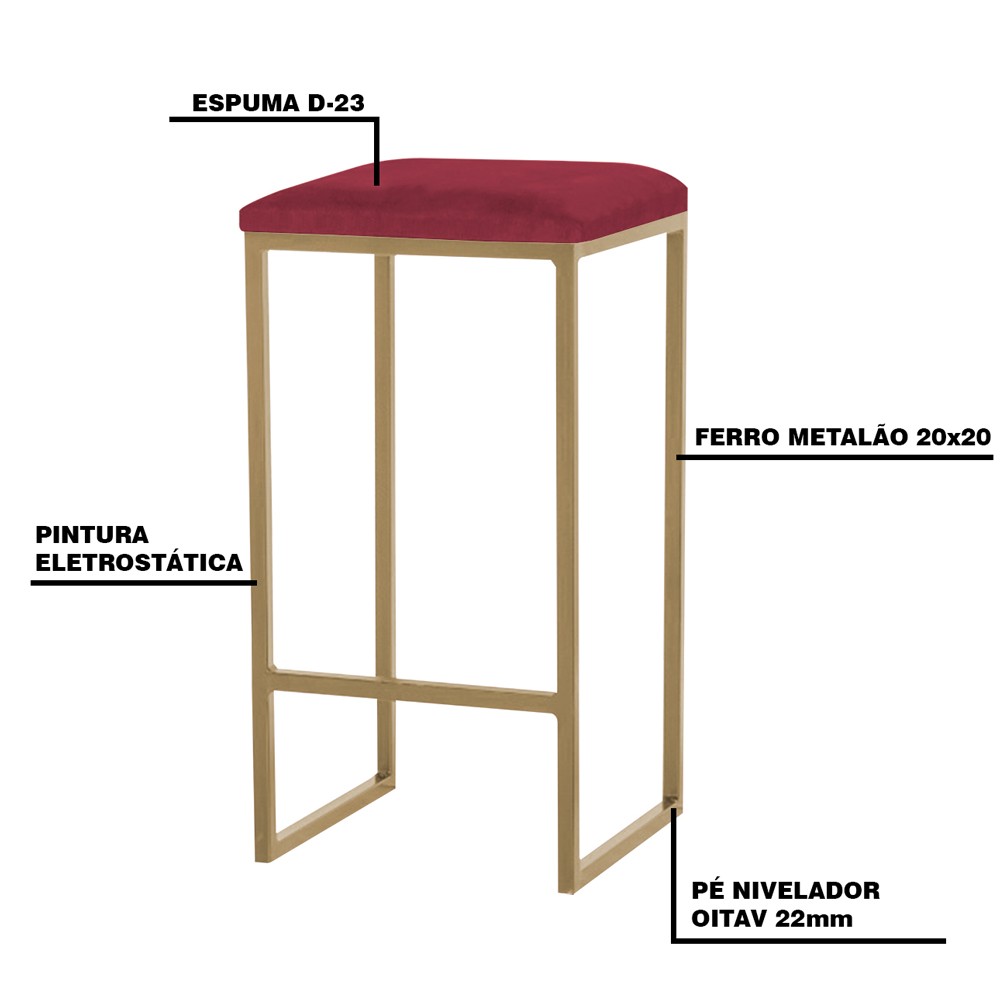 Kit 2 Banqueta Decorativa Billie Base Gold Suede Bordô G41 - Gran Belo