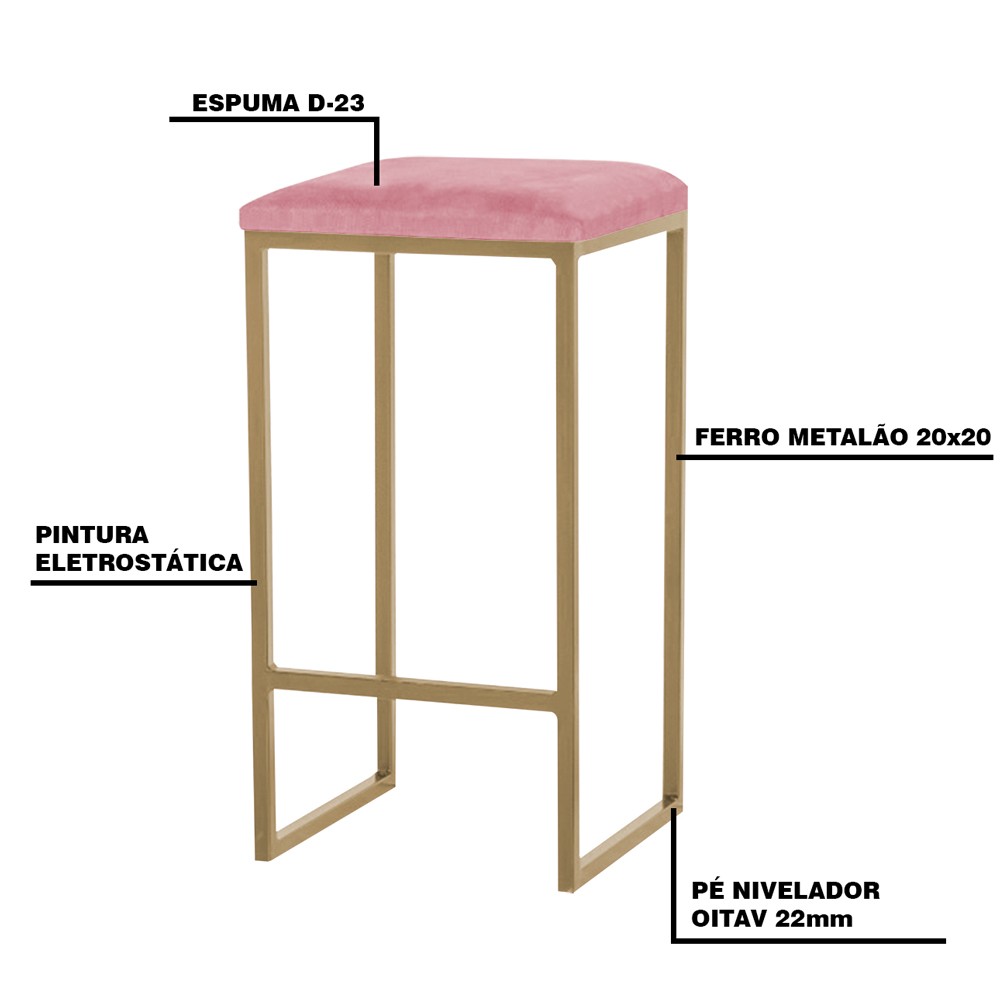 Kit 2 Banqueta Decorativa Billie Base Gold Suede Rosa G41 - Gran Belo