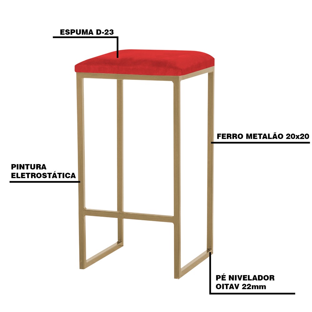 Kit 2 Banqueta Decorativa Billie Base Gold Suede Vermelho - Gran Belo