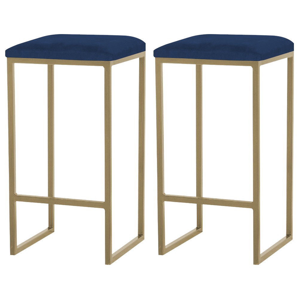 Kit 2 Banqueta Decorativa Billie Base Gold Veludo Azul - Gran Belo