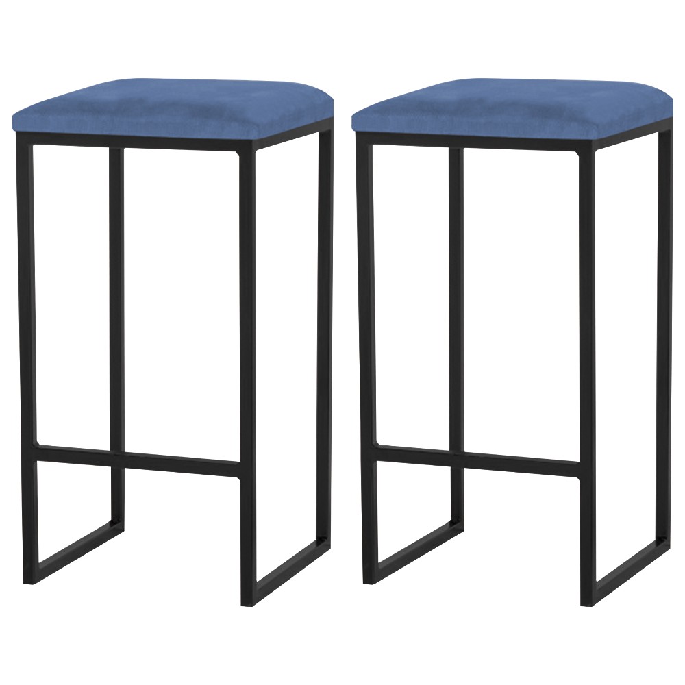 Kit 2 Banqueta Decorativa Billie Base Preta Suede Azul Marinho G41 - Gran Belo