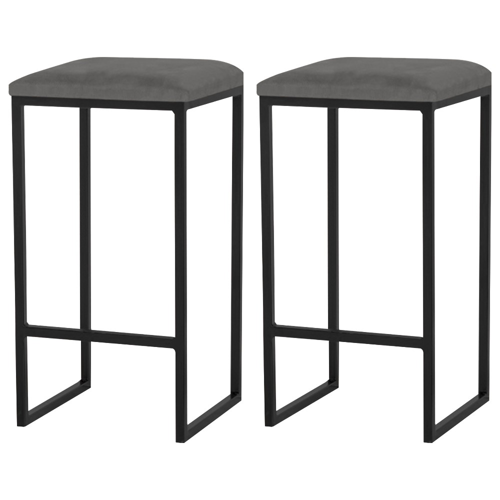 Kit 2 Banqueta Decorativa Billie Base Preta Suede Cinza G41 - Gran Belo