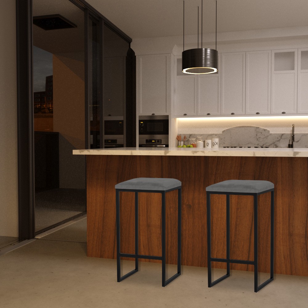 Kit 2 Banqueta Decorativa Billie Base Preta Suede Cinza G41 - Gran Belo