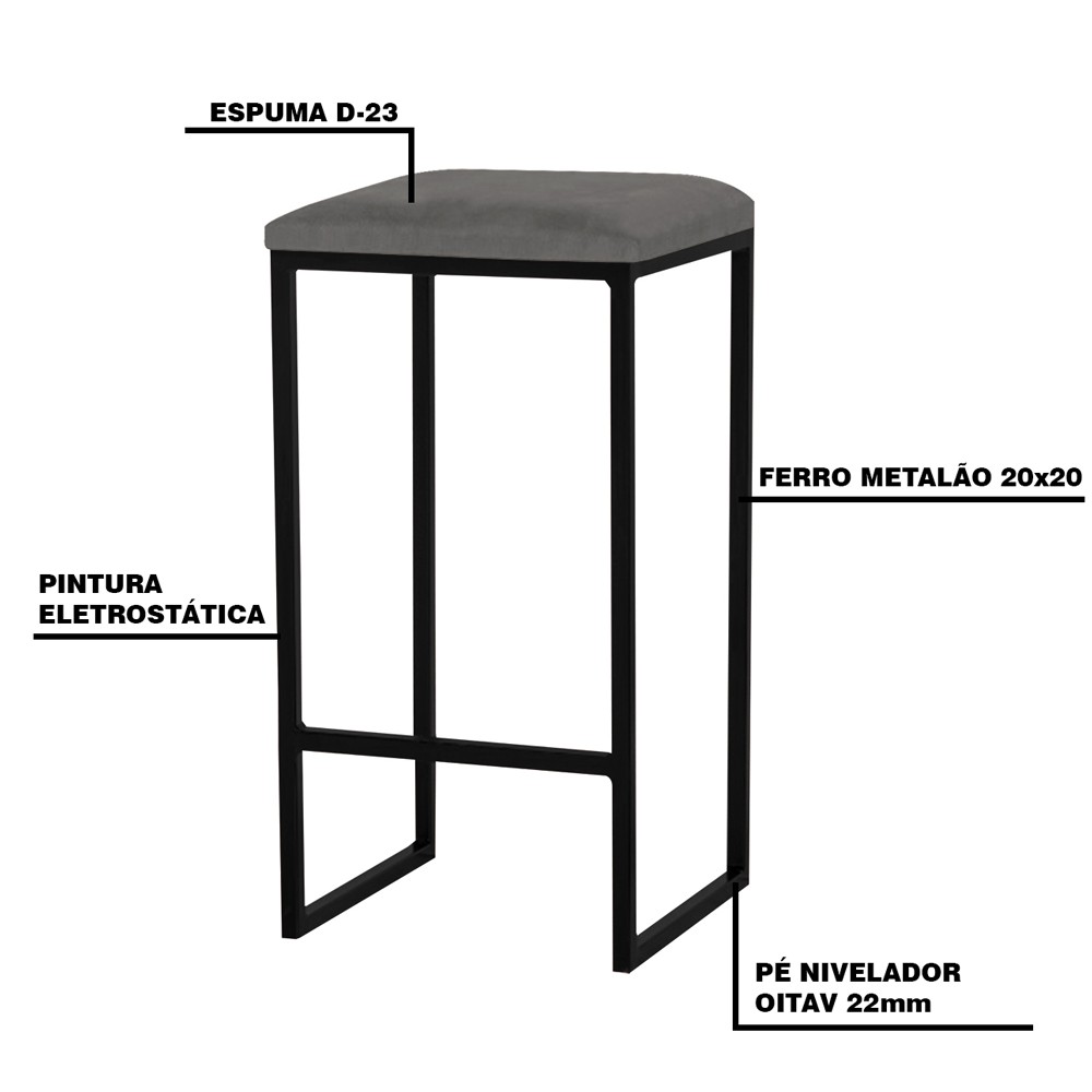 Kit 2 Banqueta Decorativa Billie Base Preta Suede Cinza G41 - Gran Belo