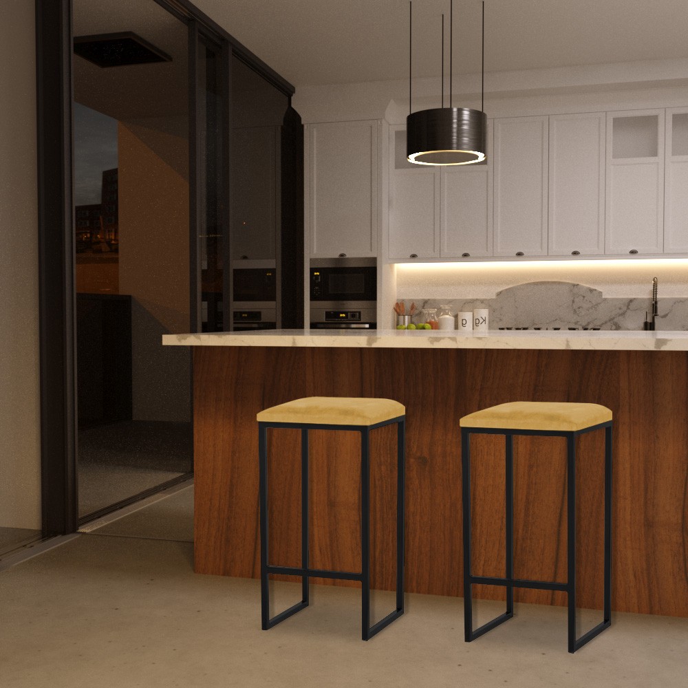 Kit 2 Banqueta Decorativa Billie Base Preta Suede Mostarda G41 - Gran Belo