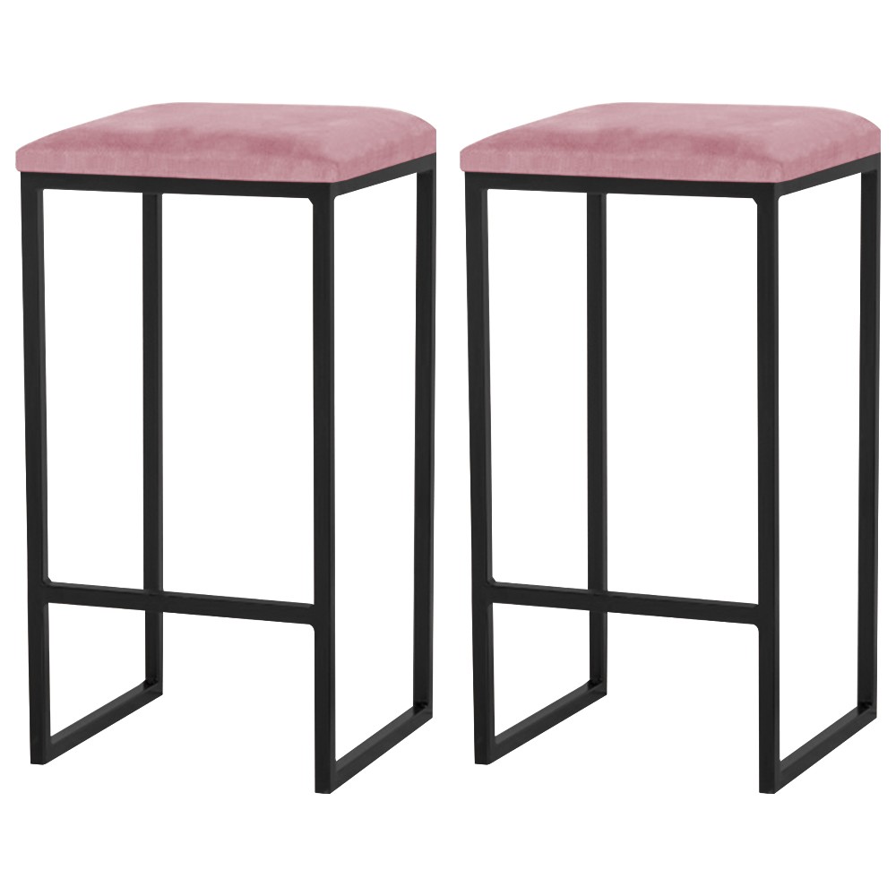 Kit 2 Banqueta Decorativa Billie Base Preta Suede Rosa G41 - Gran Belo