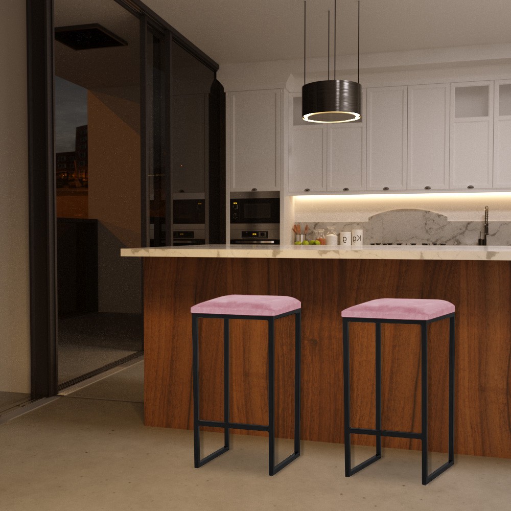 Kit 2 Banqueta Decorativa Billie Base Preta Suede Rosa G41 - Gran Belo