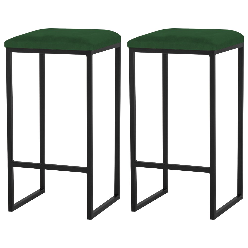 Kit 2 Banqueta Decorativa Billie Base Preta Suede Verde G41 - Gran Belo