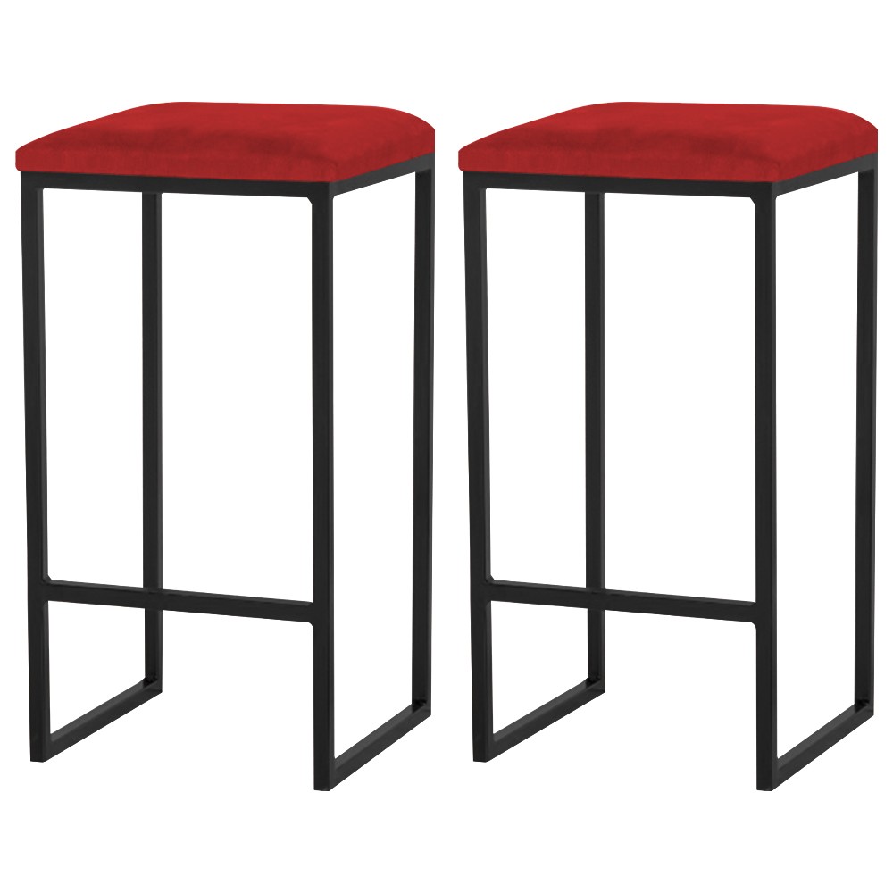 Kit 2 Banqueta Decorativa Billie Base Preta Veludo Vermelho - Gran Belo
