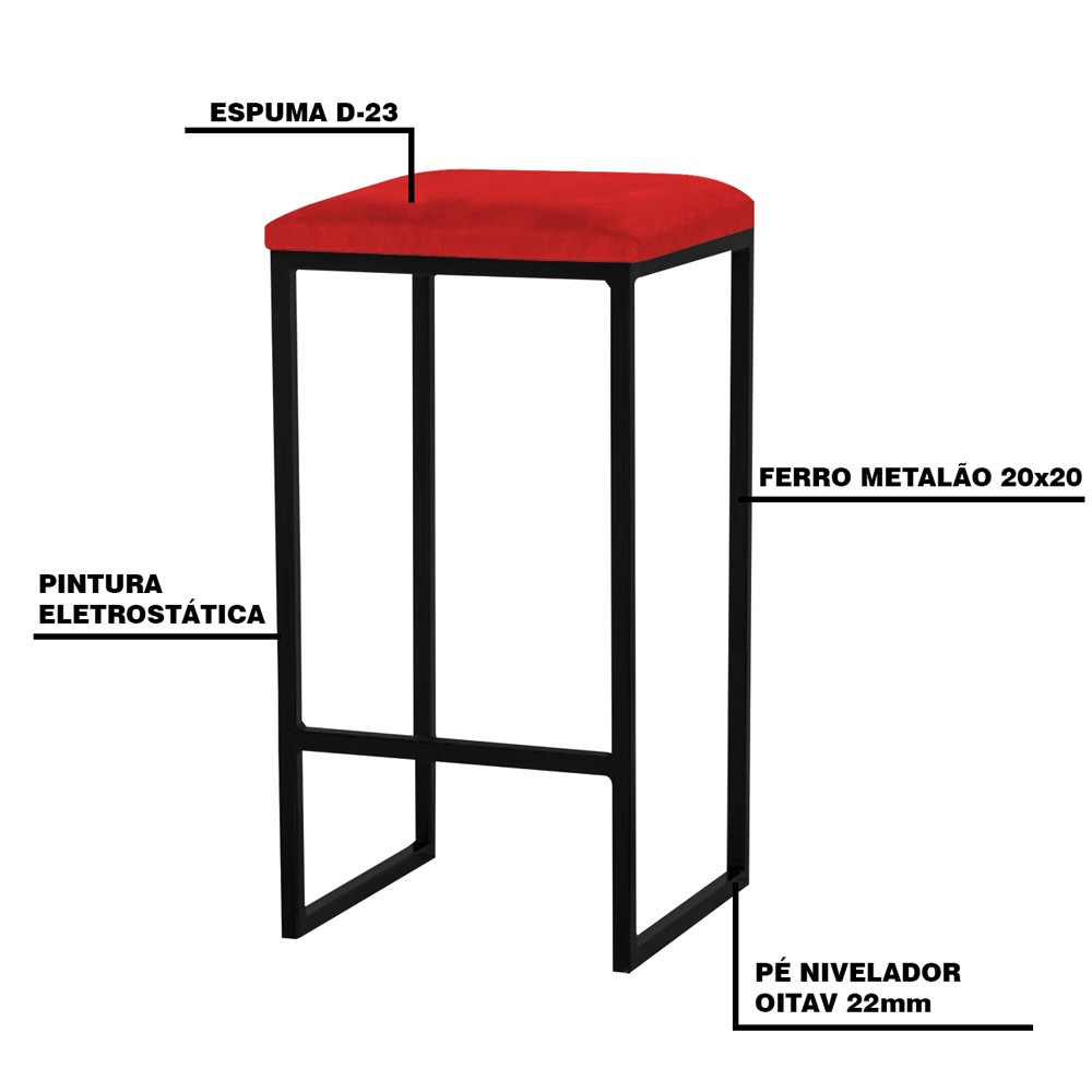 Kit 2 Banqueta Decorativa Billie Base Preta Veludo Vermelho - Gran Belo