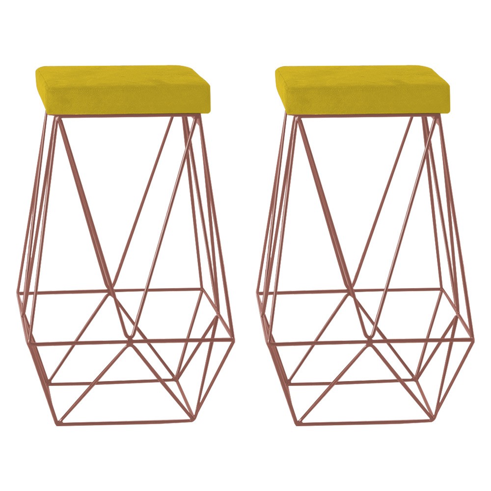 Kit 2 Banqueta Decorativa Kathy Base Bronze Suede Amarelo G41 - Gran Belo