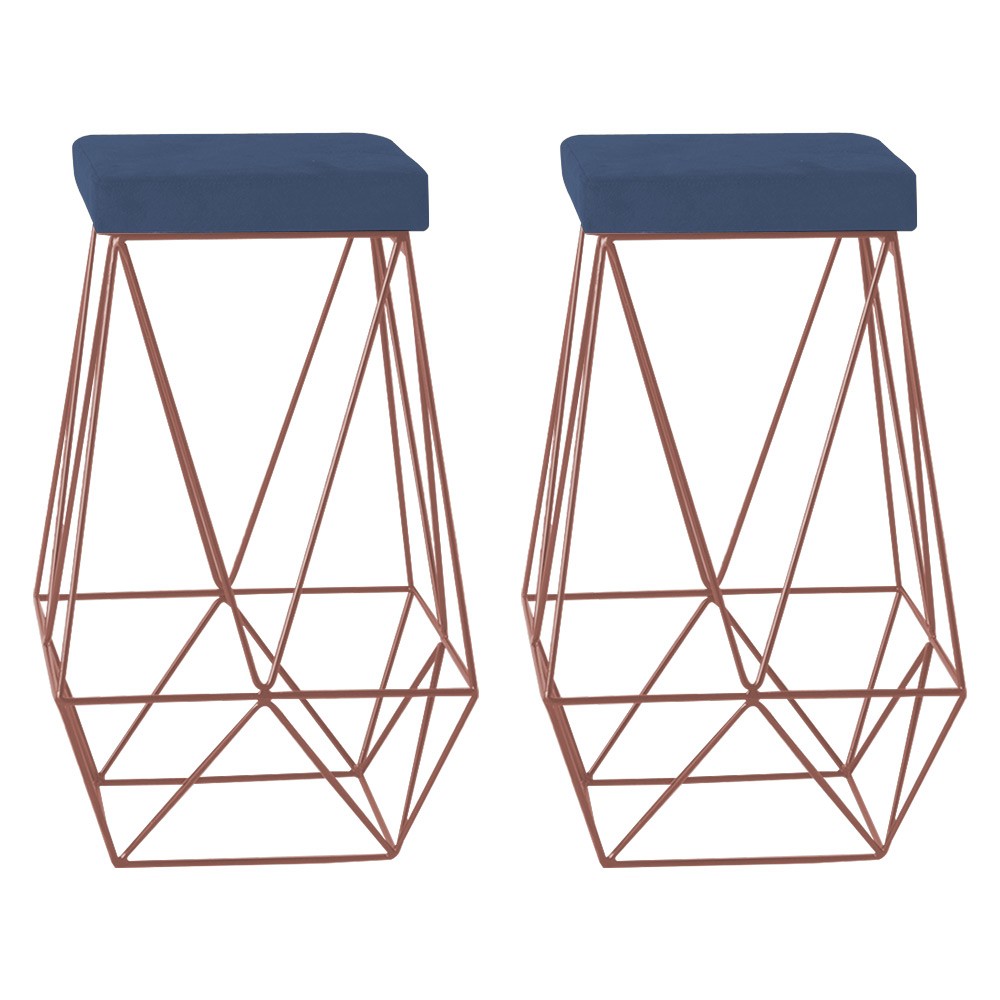 Kit 2 Banqueta Decorativa Kathy Base Bronze Suede Azul Marinho G41 - Gran Belo