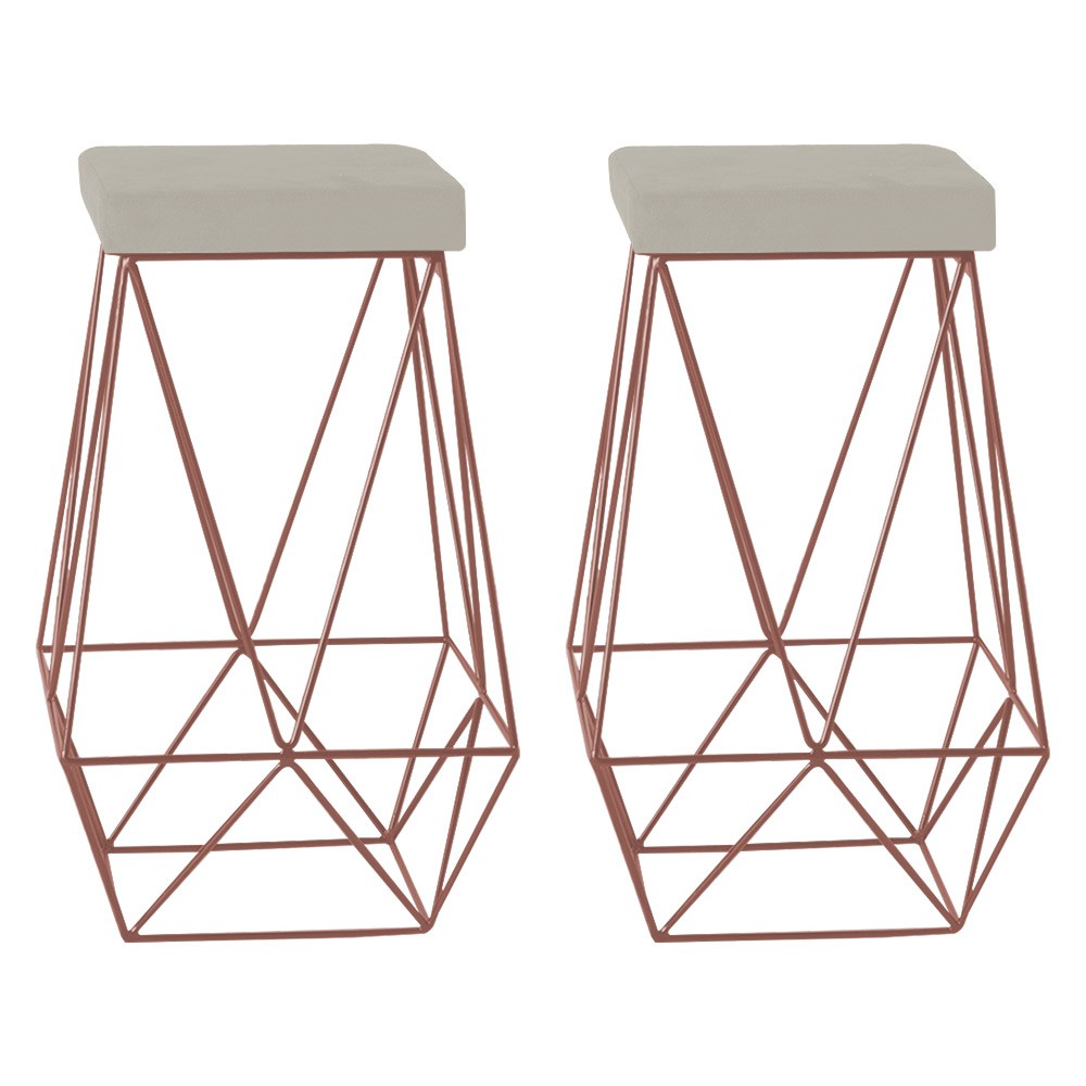 Kit 2 Banqueta Decorativa Kathy Base Bronze Suede Bege G41 - Gran Belo