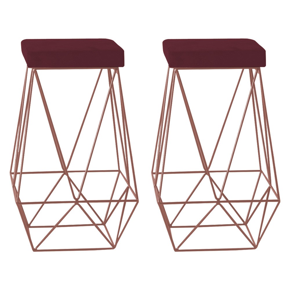 Kit 2 Banqueta Decorativa Kathy Base Bronze Suede Bordô G41 - Gran Belo